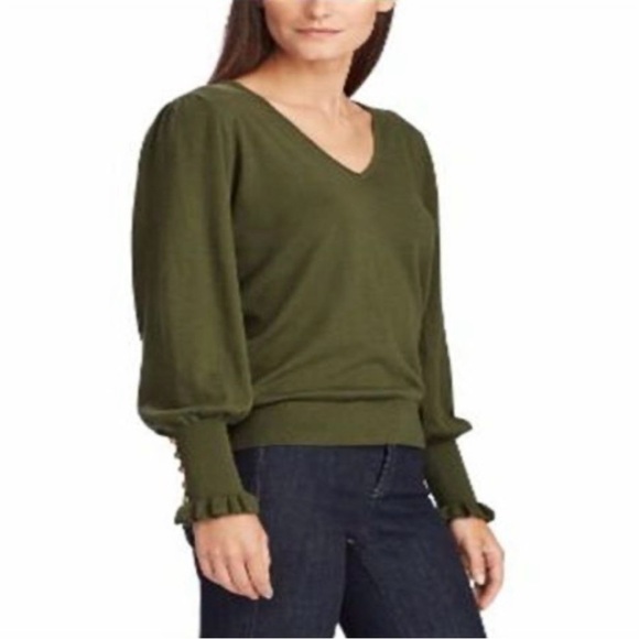 Lauren Ralph Lauren Olive Green V-Neck Sweater, Gold Button Cuff Detail Size SP - Picture 1 of 13